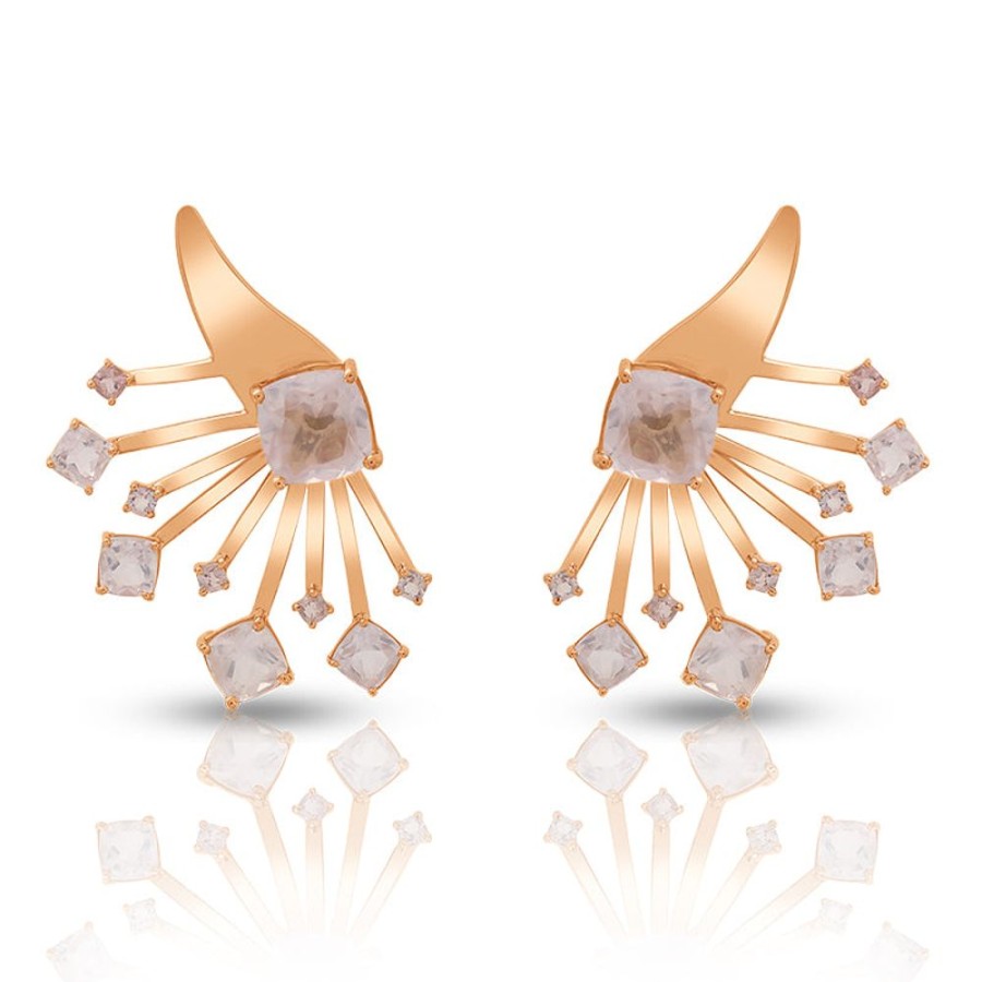 Earring Hueb | 18 Karat Bestow Pink Gold Earring With Vs-Gh Diamonds And Rose Quartz