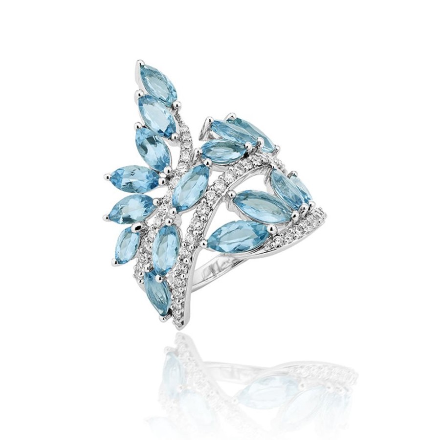 Ring Hueb | 18 Karat Botanica White Gold Ring With Vs-Gh Diamonds And Blue Aquamar