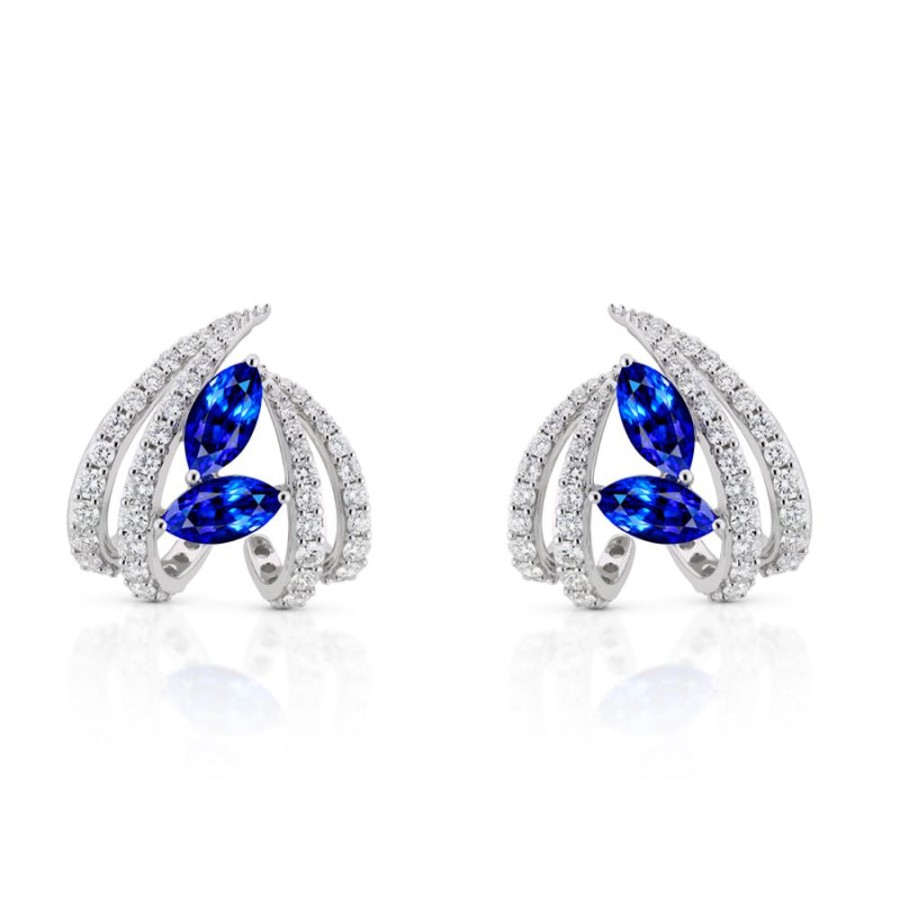 Earring Hueb | 18 Karat Botanica White Gold Earring With Vs-Gh Diamonds And Blue Sapp