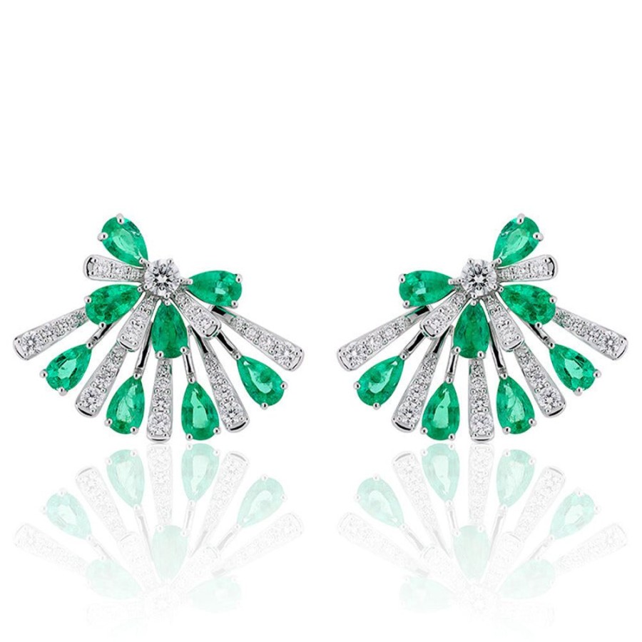 Earring Hueb | 18 Karat Botanica White Gold Earring With Vs-Gh Diamonds And Green Eme