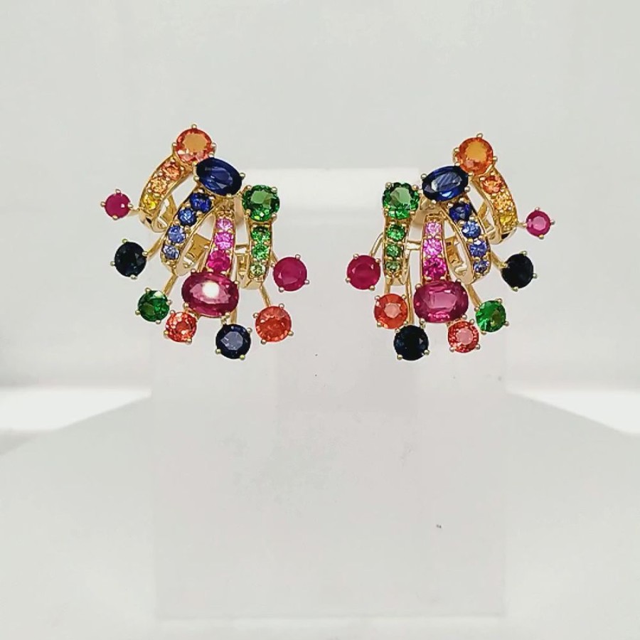 Earring Hueb | 18 Karat Amazonia (Cocar) Yellow Gold Earring With Red Ruby And Blue S