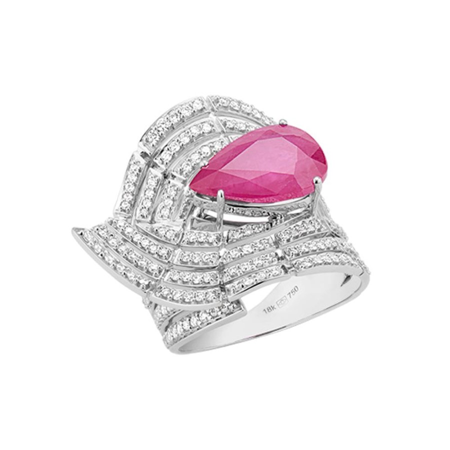 Ring Hueb | 18 Karat Labyrinth White Gold Ring With Vs-Gh Diamonds And Pink Tourma