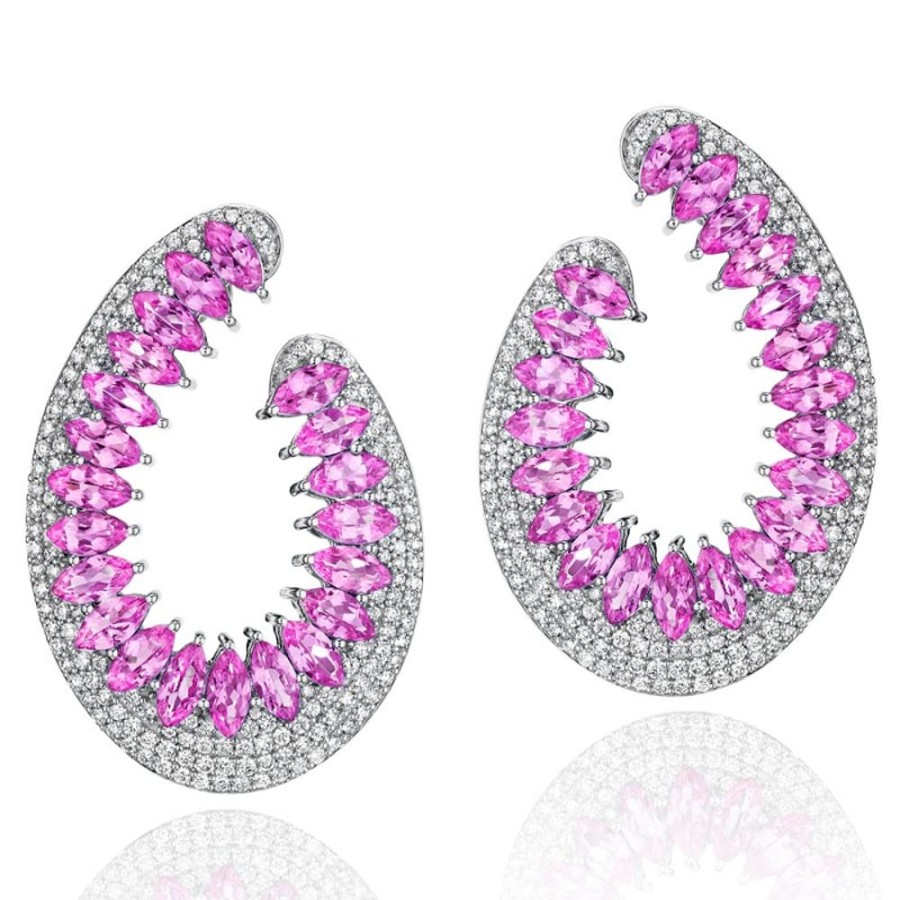 Earring Hueb | 18 Karat Mirage White Gold Earring With Vs-Gh Diamonds And Pink Sapphi