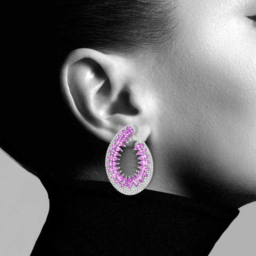 Earring Hueb | 18 Karat Mirage White Gold Earring With Vs-Gh Diamonds And Pink Sapphi