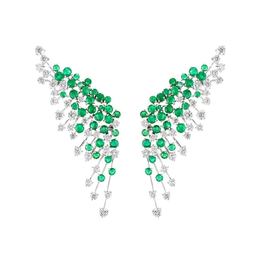 Earring Hueb | 18 Karat Luminus White Gold Earring With Vs-Gh Diamonds And Green Emer