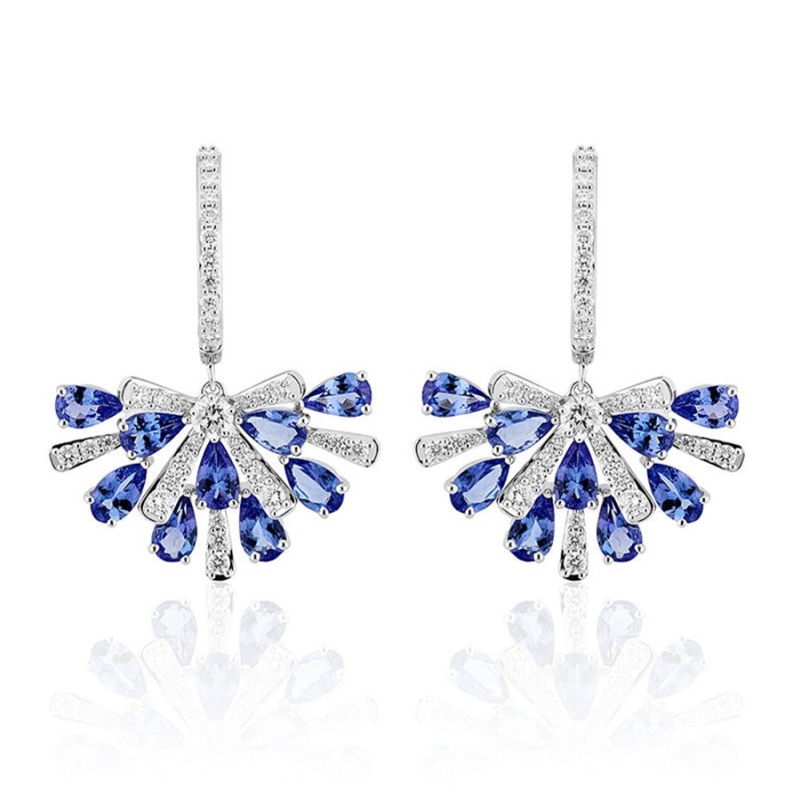 Earring Hueb | 18 Karat Botanica White Gold Earring With Vs-Gh Diamonds And Blue Tanz