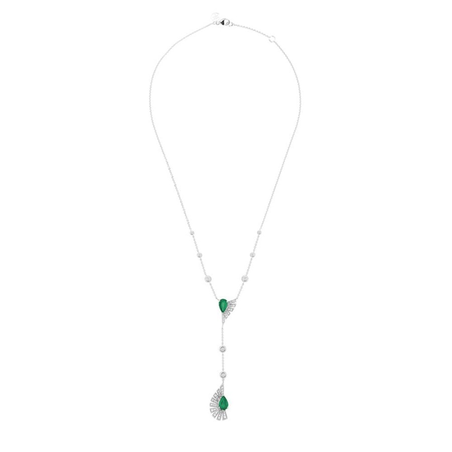 Necklace/Pendant Hueb | 18 Karat Labyrinth White Gold Necklace With Vs-Gh Diamonds And Green E