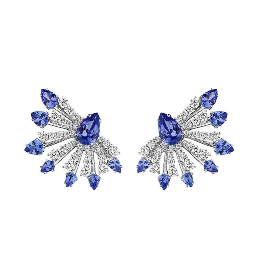 Earring Hueb | 18 Karat Botanica White Gold Earring With Vs-Gh Diamonds And Blue Tanz