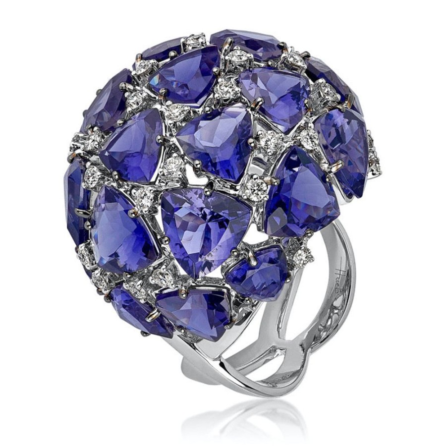 Ring Hueb | 18 Karat Mirage White Gold Ring With Vs-Gh Diamonds And Blue Tanzanite