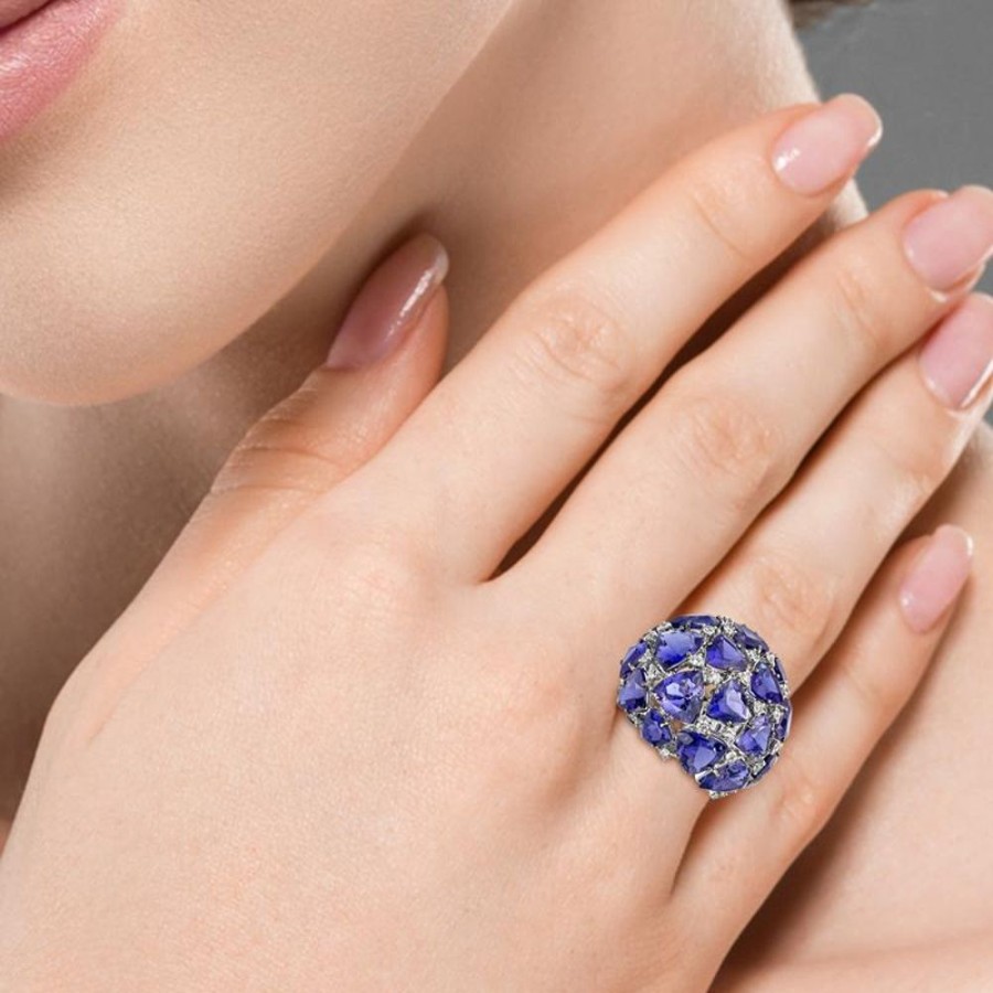 Ring Hueb | 18 Karat Mirage White Gold Ring With Vs-Gh Diamonds And Blue Tanzanite