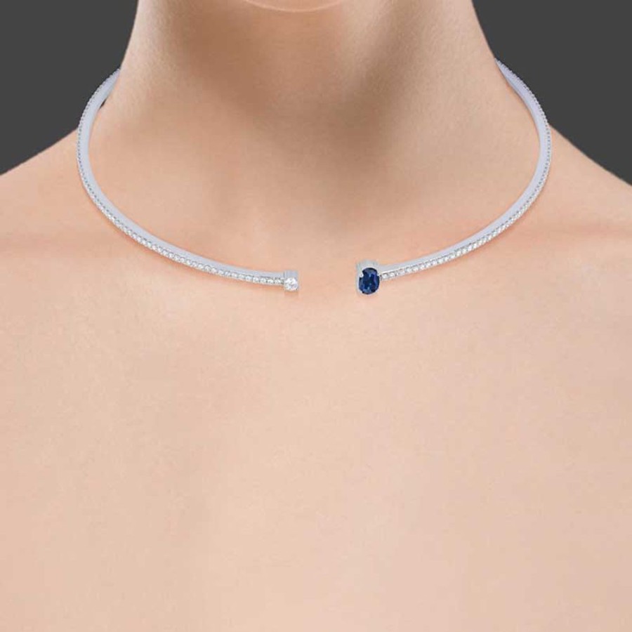 Necklace/Pendant Hueb | 18 Karat Spectrum White Gold Necklace With Vs-Gh Diamonds And Blue Sap