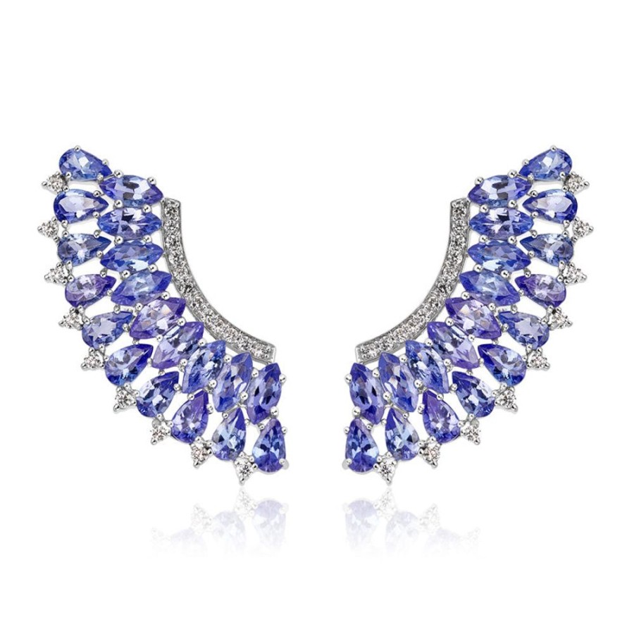 Earring Hueb | 18 Karat Mirage White Gold Earring With Vs-Gh Diamonds And Blue Tanzan