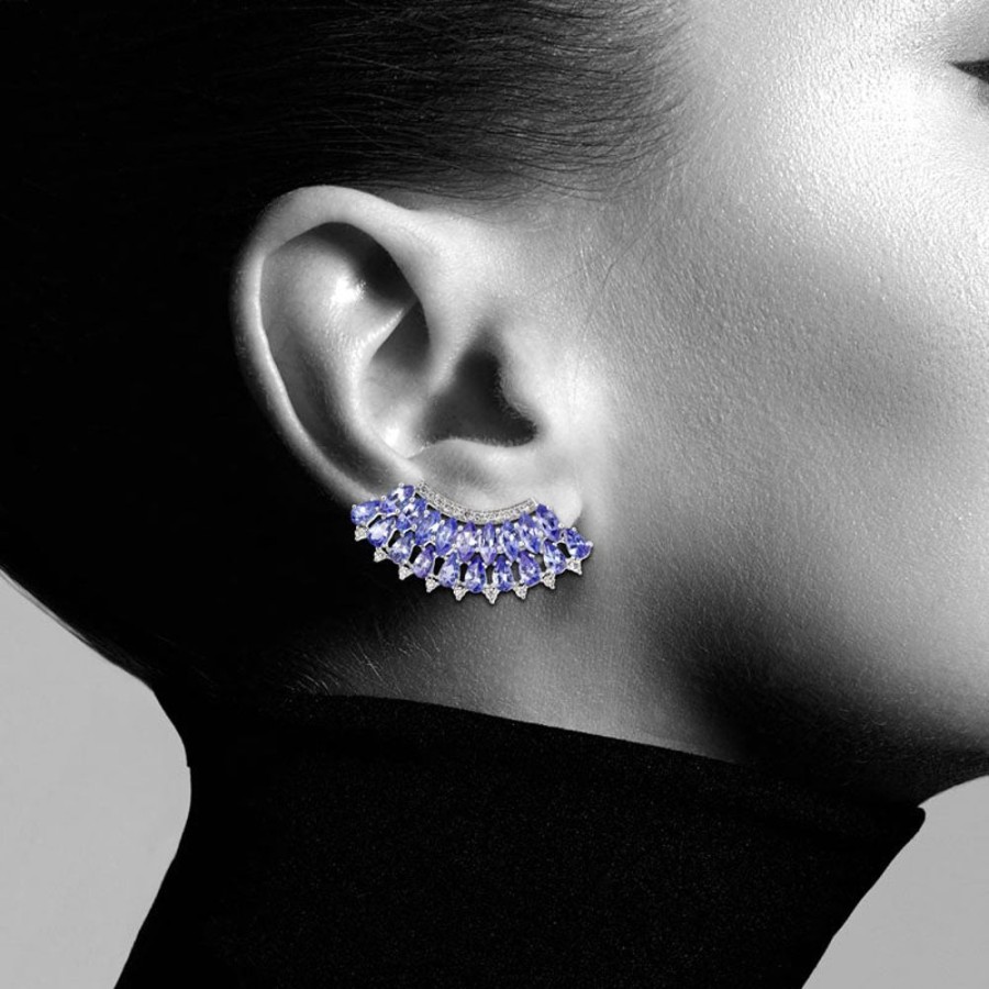 Earring Hueb | 18 Karat Mirage White Gold Earring With Vs-Gh Diamonds And Blue Tanzan