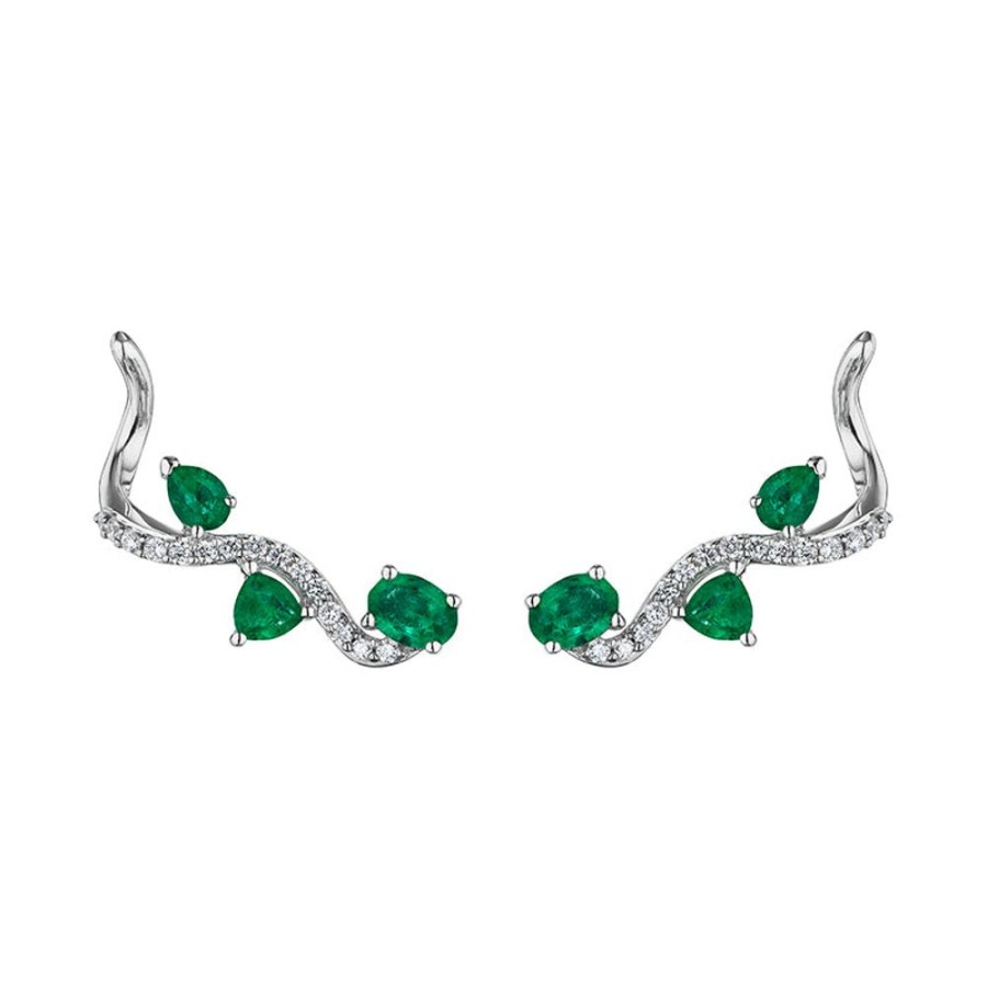 Earring Hueb | 18 Karat Mirage White Gold Earring With Vs-Gh Diamonds And Green Emera