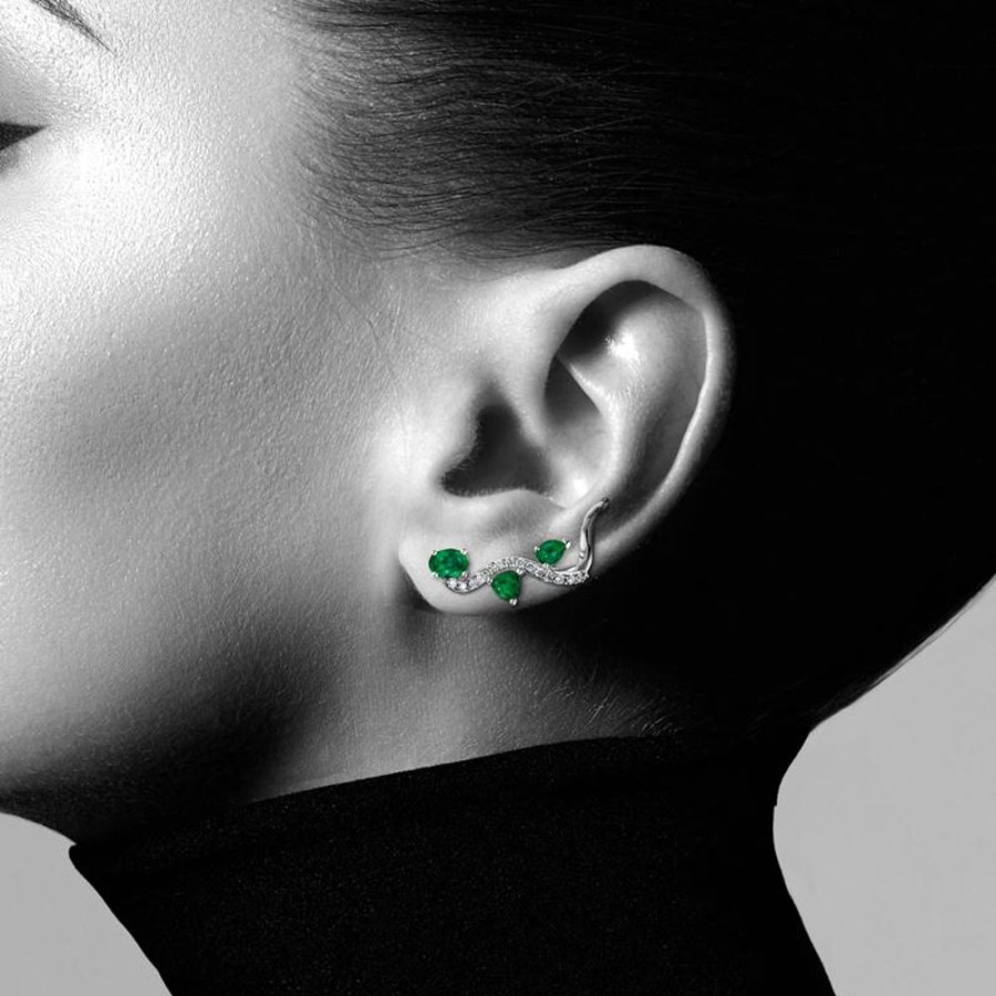 Earring Hueb | 18 Karat Mirage White Gold Earring With Vs-Gh Diamonds And Green Emera