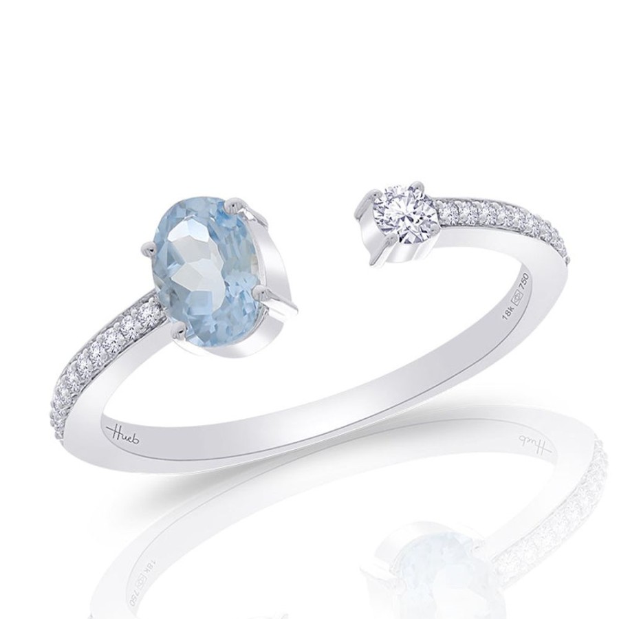 Ring Hueb | 18 Karat Spectrum White Gold Ring With Vs-Gh Diamonds And Blue Aquamar