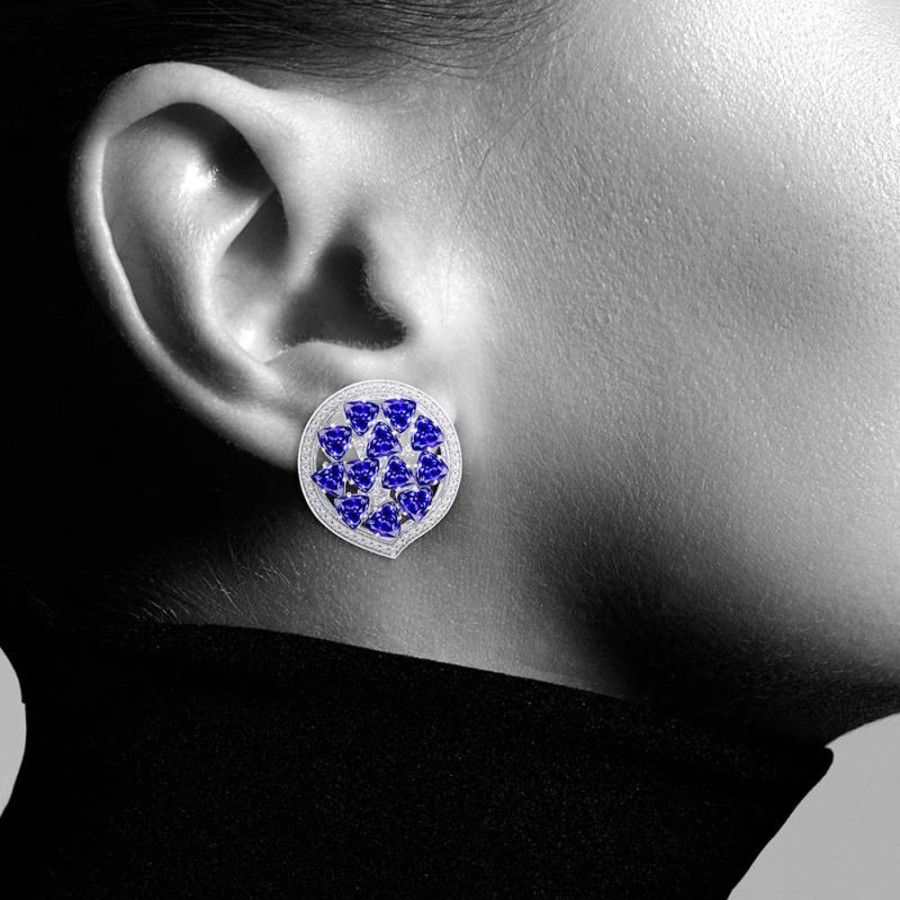 Earring Hueb | 18 Karat Mirage White Gold Earring With Vs-Gh Diamonds And Blue Tanzan