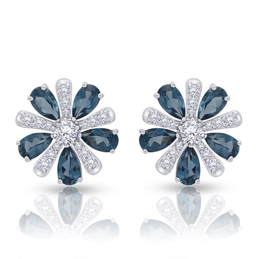 Earring Hueb | 18 Karat Botanica White Gold Earring With Vs-Gh Diamonds And Blue Topa