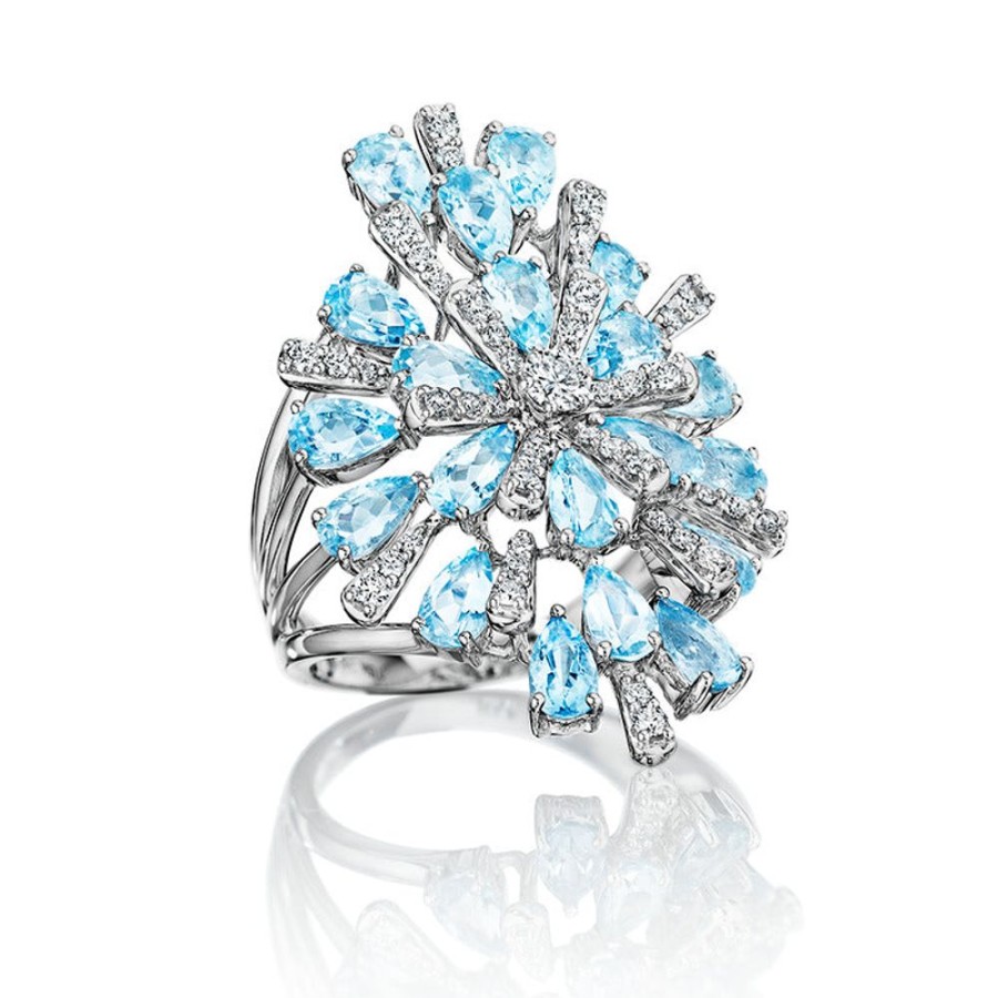 Ring Hueb | 18 Karat Botanica White Gold Ring With Vs-Gh Diamonds And Blue Aquamar