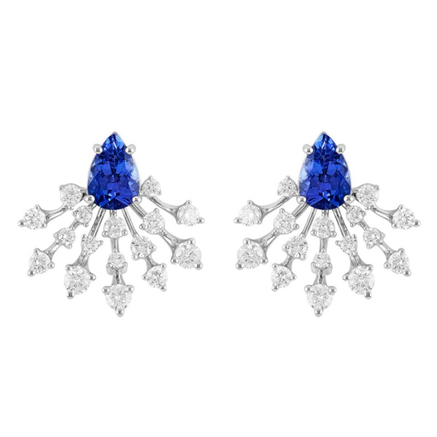 Earring Hueb | 18 Karat Luminus White Gold Earring With Vs-Gh Diamonds And Blue Tanza