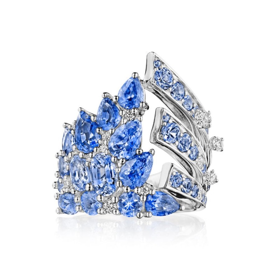 Ring Hueb | 18 Karat Mirage White Gold Ring With Vs-Gh Diamonds And Blue Sapphire