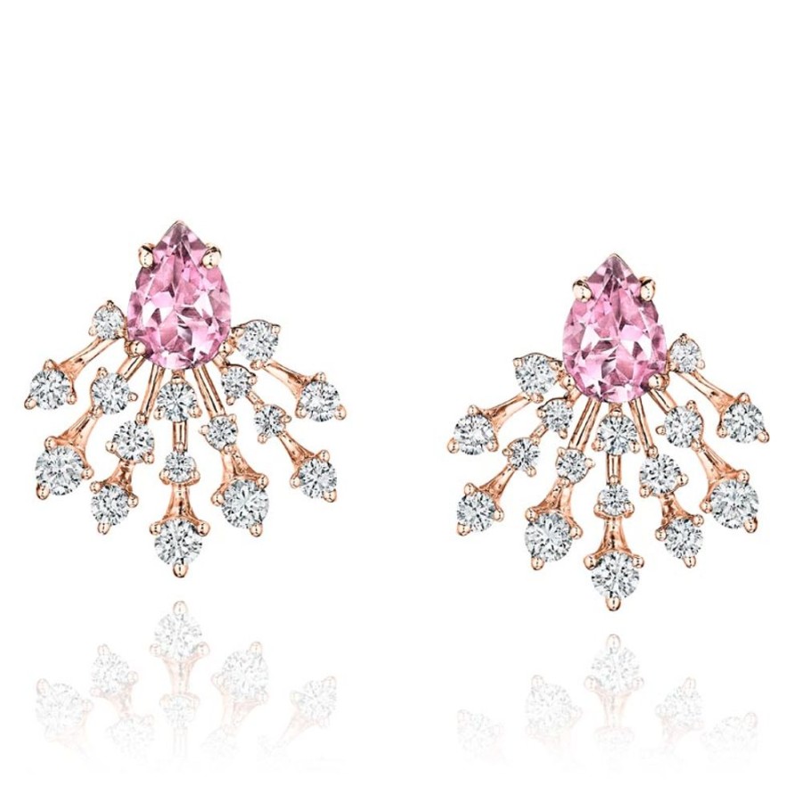 Earring Hueb | 18 Karat Luminus Pink Gold Earring With Vs-Gh Diamonds And Rose Quartz