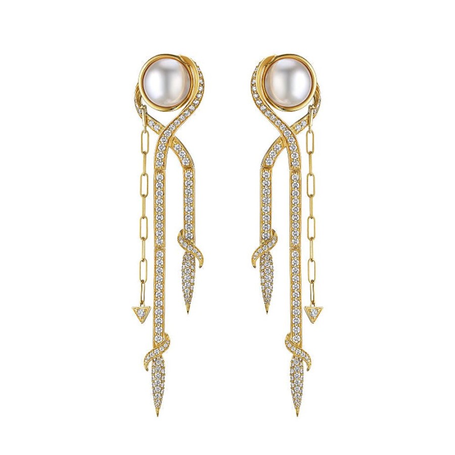 Earring Hueb | 18 Karat Onsa Yellow Gold Earring With Vs-Gh Diamonds And White Pearl