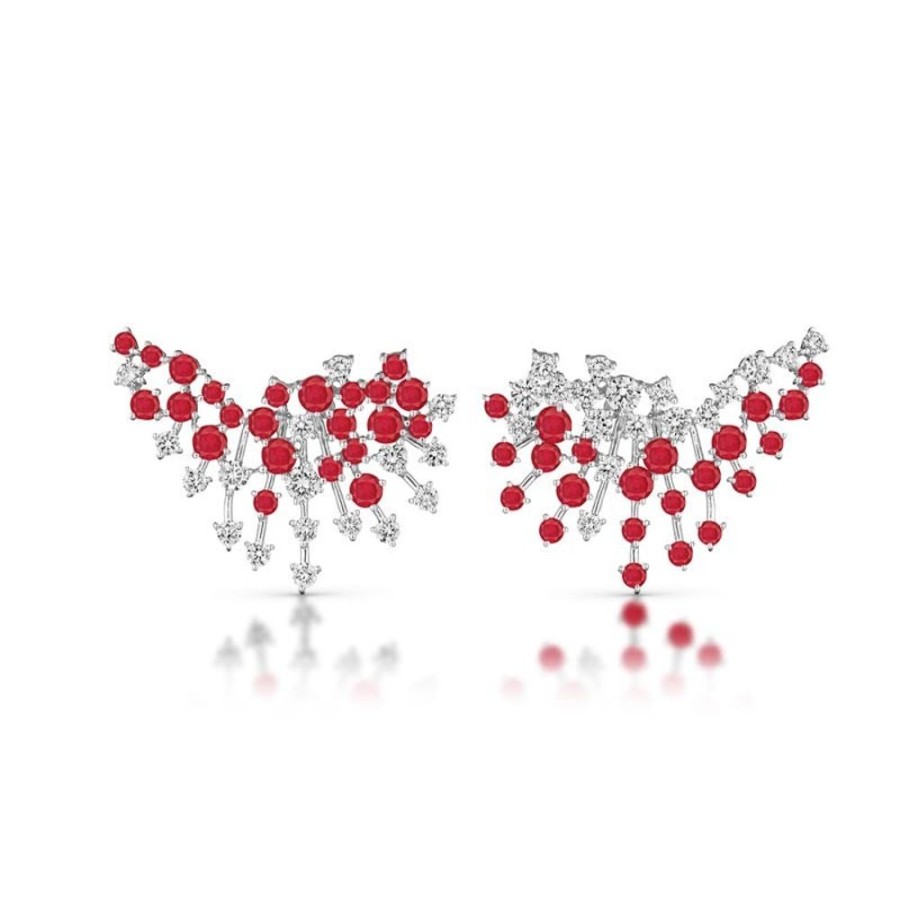 Earring Hueb | 18 Karat Luminus White Gold Earring With Vs-Gh Diamonds And Red Ruby