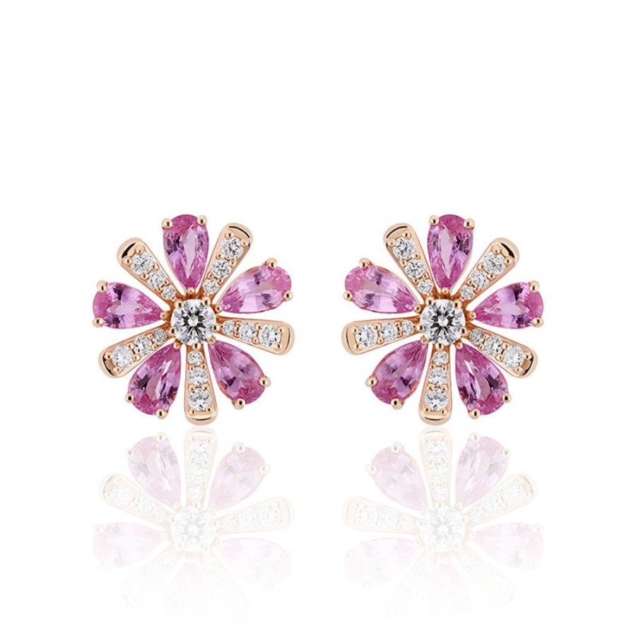 Earring Hueb | 18 Karat Botanica Pink Gold Earring With Vs-Gh Diamonds And Pink Sapph