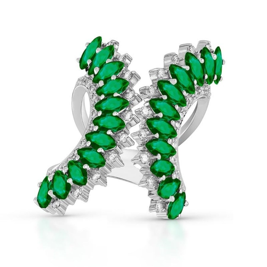 Ring Hueb | 18 Karat Mirage White Gold Ring With Vs-Gh Diamonds And Green Emerald