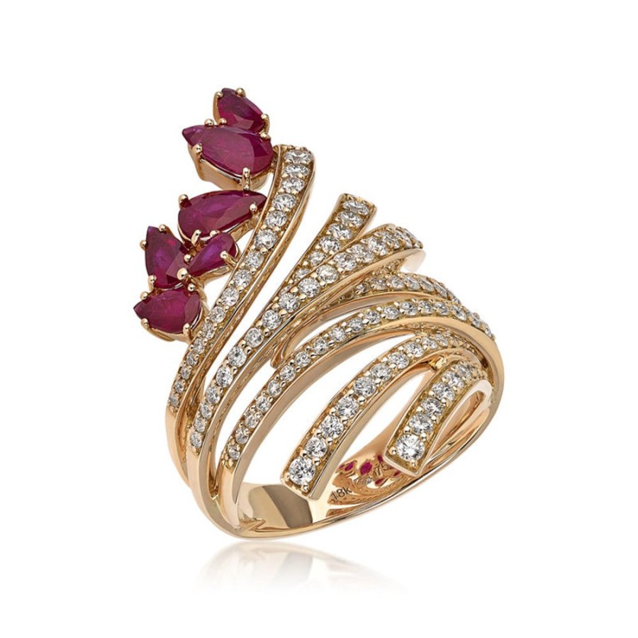 Ring Hueb | 18 Karat Mirage Yellow Gold Ring With Vs-Gh Diamonds And Red Ruby