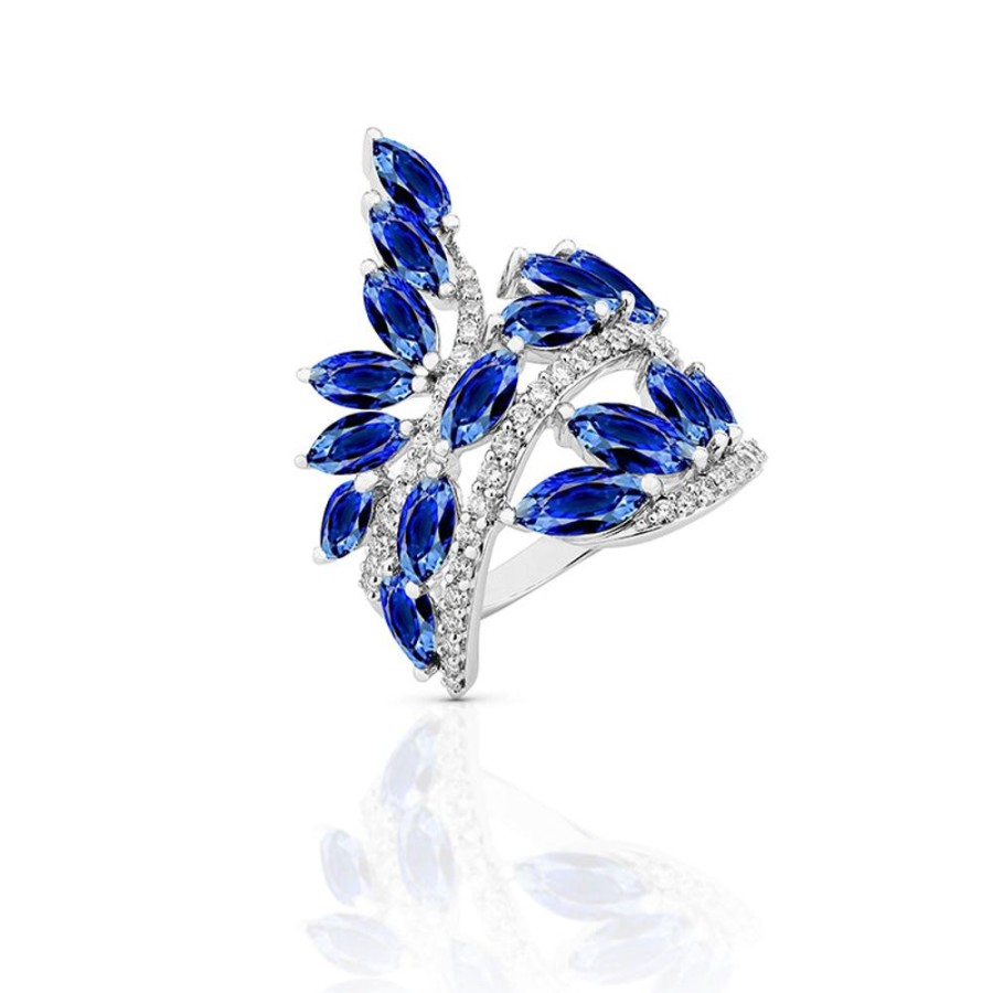 Ring Hueb | 18 Karat Botanica White Gold Ring With Vs-Gh Diamonds And Blue Sapphir