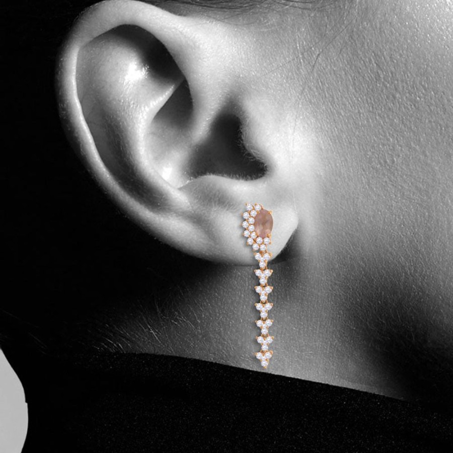 Earring Hueb | 18 Karat Bestow Pink Gold Earring With Vs-Gh Diamonds And Rose Quartz