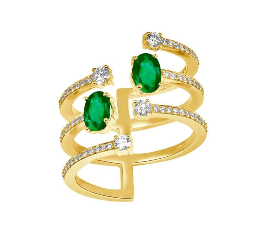 Ring Hueb | 18 Karat Spectrum Yellow Gold Ring With Vs-Gh Diamonds And Green Emera