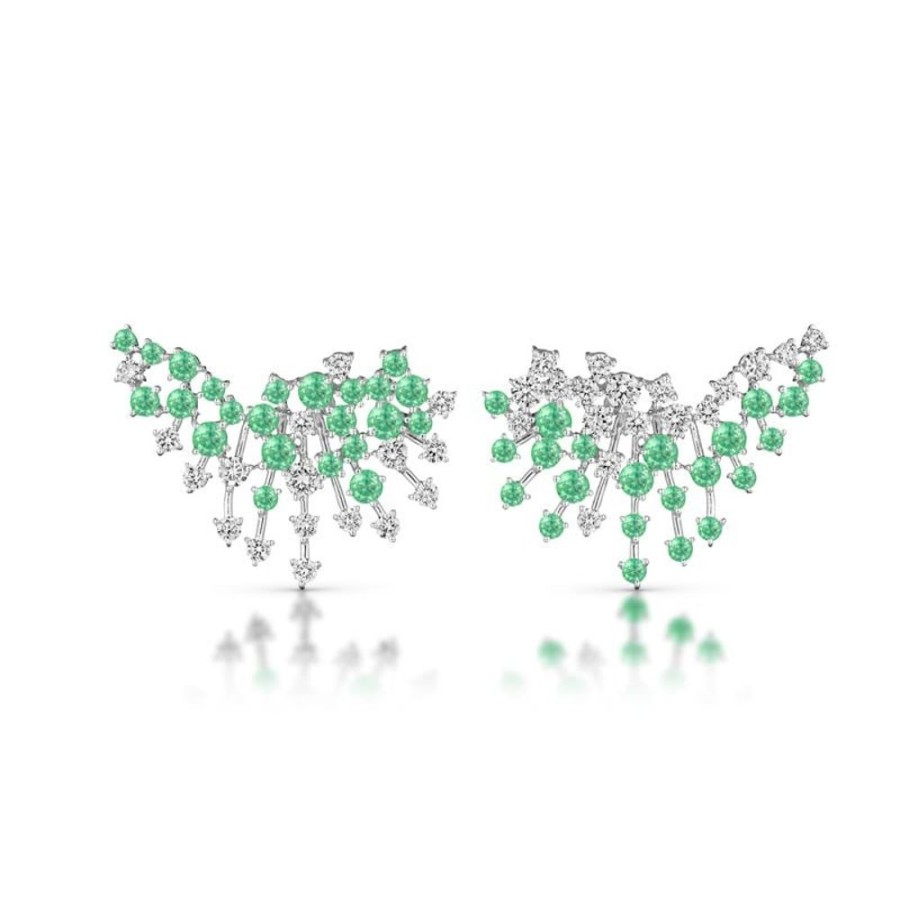 Earring Hueb | 18 Karat Luminus White Gold Earring With Vs-Gh Diamonds And Green Emer