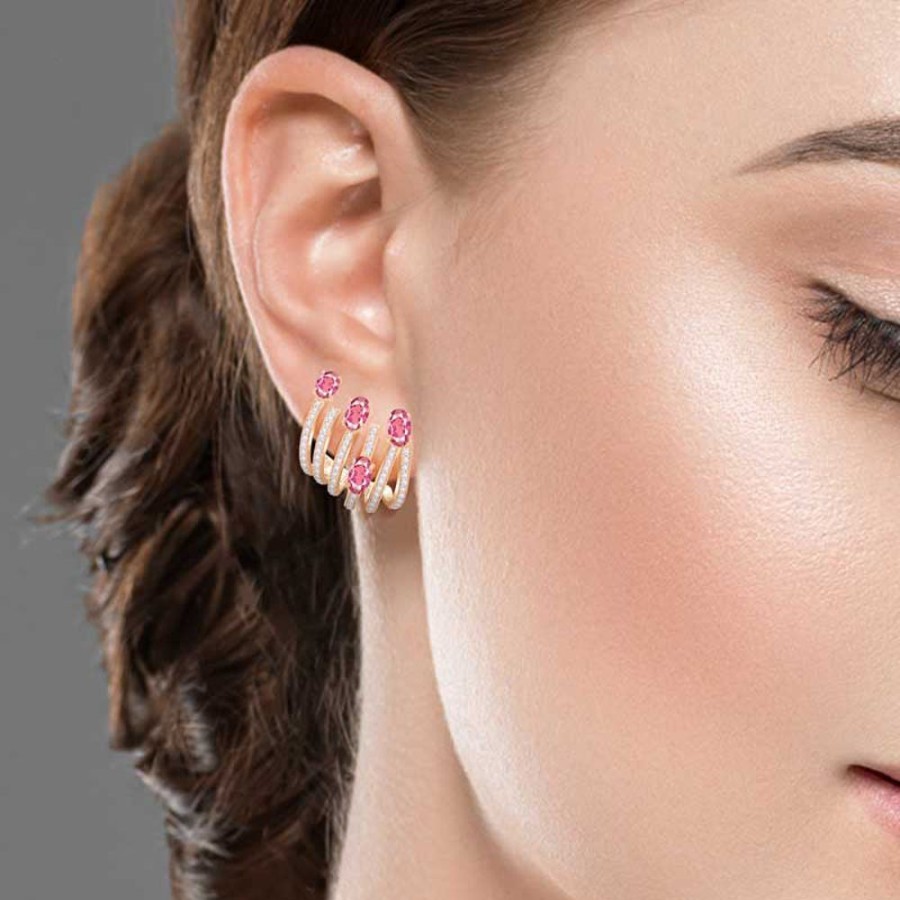 Earring Hueb | 18 Karat Spectrum Pink Gold Earring With Vs-Gh Diamonds And Pink Sapph