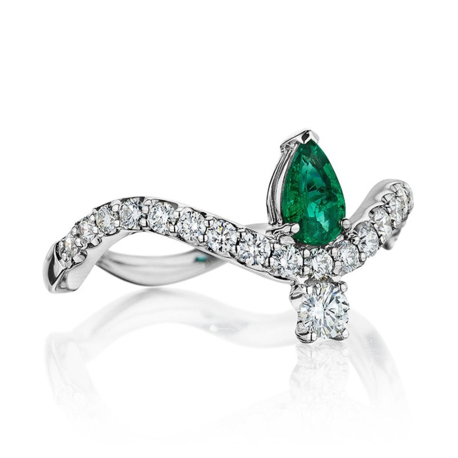 Ring Hueb | 18 Karat Mirage White Gold Ring With Vs-Gh Diamonds And Green Emerald