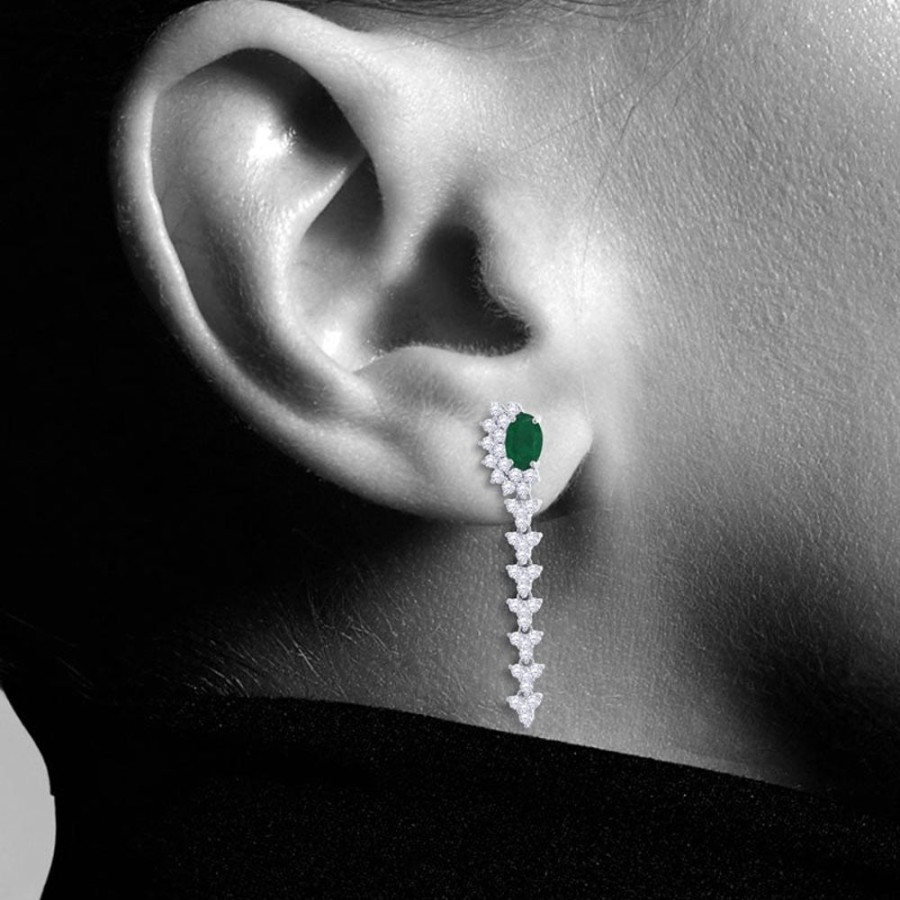 Earring Hueb | 18 Karat Bestow White Gold Earring With Vs-Gh Diamonds And Green Emera