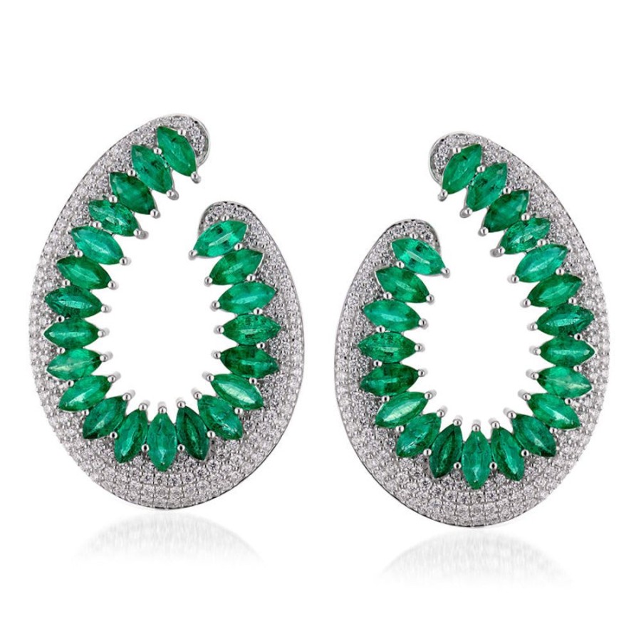 Earring Hueb | 18 Karat Mirage White Gold Earring With Vs-Gh Diamonds And Green Emera