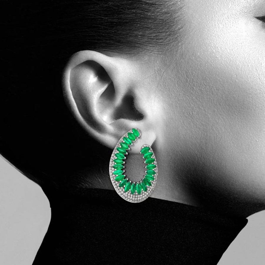 Earring Hueb | 18 Karat Mirage White Gold Earring With Vs-Gh Diamonds And Green Emera