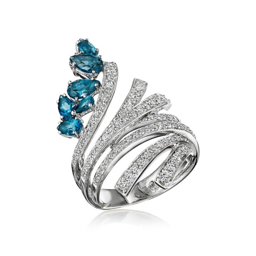 Ring Hueb | 18 Karat Mirage White Gold Ring With Vs-Gh Diamonds And Blue Topaz