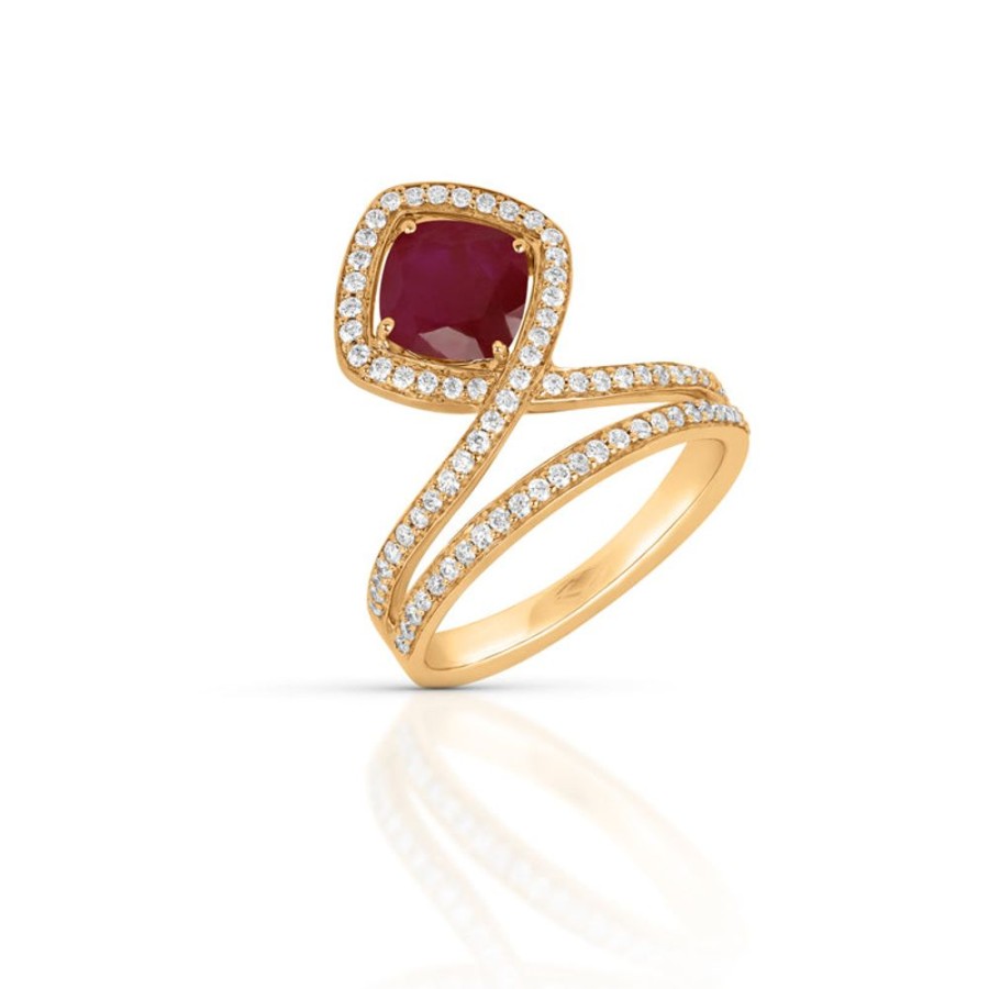 Ring Hueb | 18 Karat Spectrum Yellow Gold Ring With Vs-Gh Diamonds And Red Ruby