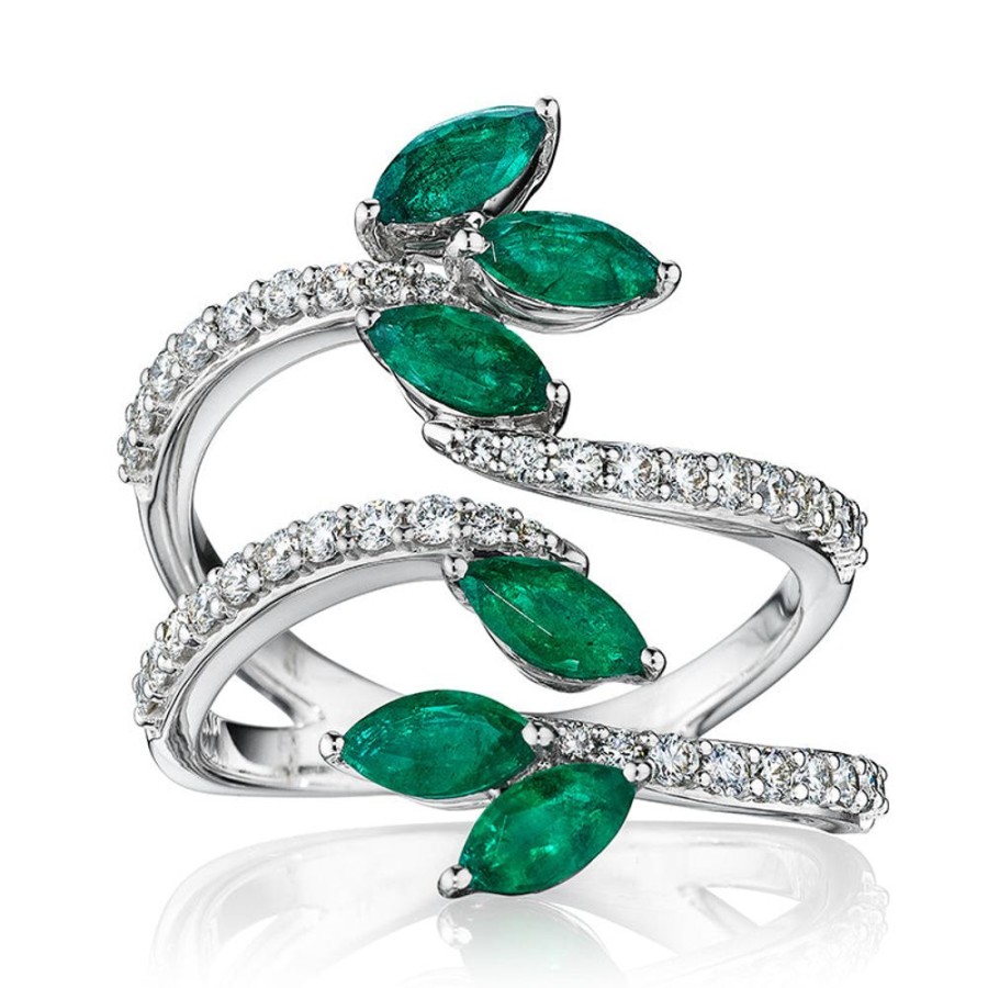 Ring Hueb | 18 Karat Botanica White Gold Ring With Vs-Gh Diamonds And Green Emeral