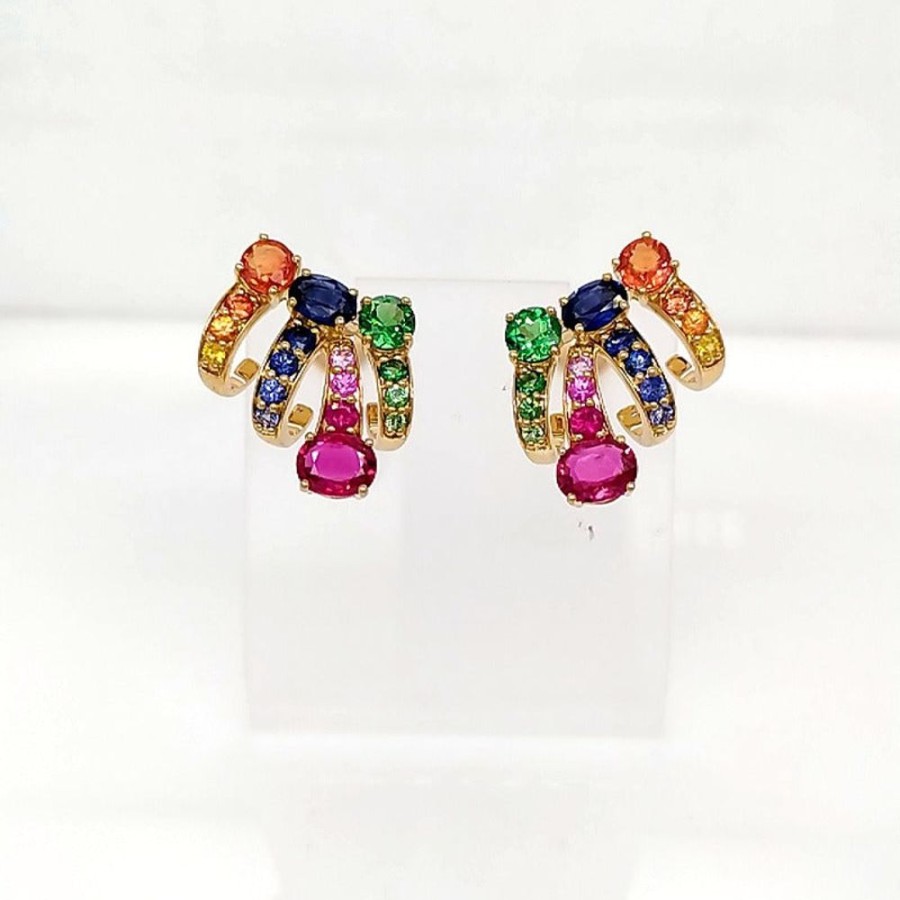 Earring Hueb | 18 Karat Amazonia (Cocar) Yellow Gold Earring With Red Ruby And Blue S