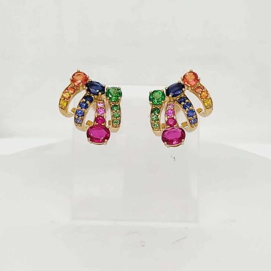 Earring Hueb | 18 Karat Amazonia (Cocar) Yellow Gold Earring With Red Ruby And Blue S