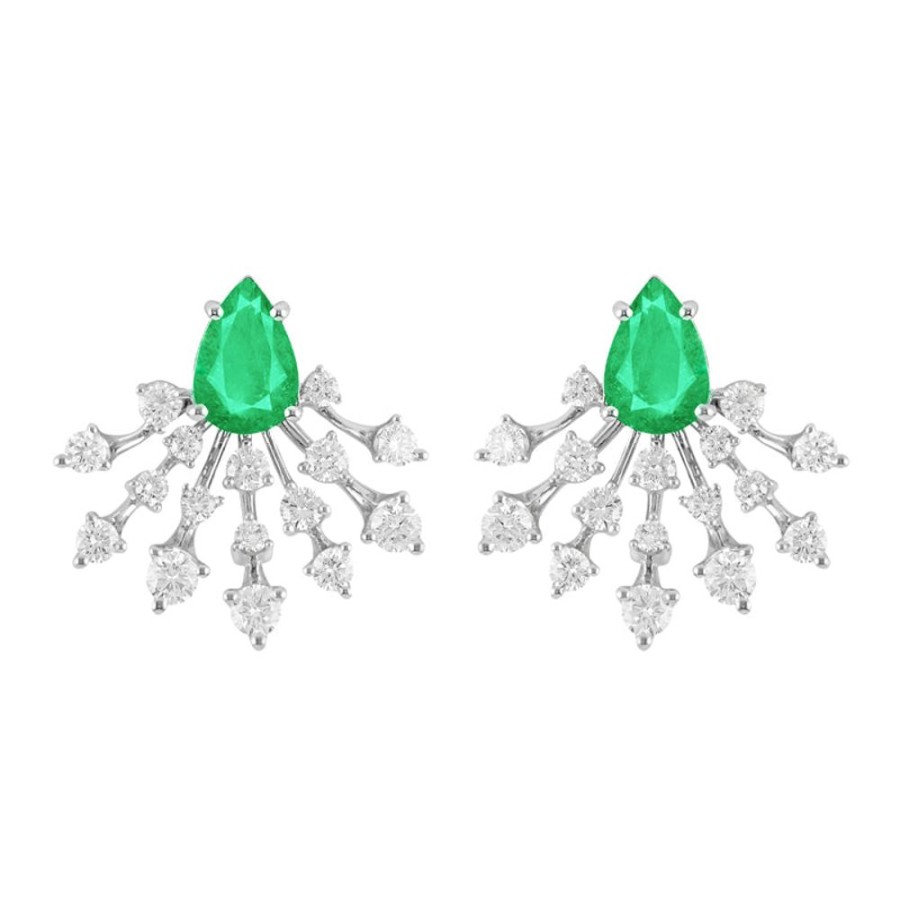 Earring Hueb | 18 Karat Luminus White Gold Earring With Vs-Gh Diamonds And Green Emer