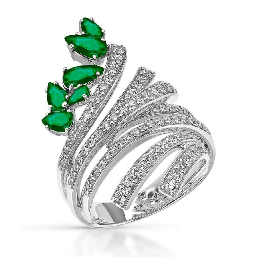 Ring Hueb | 18 Karat Mirage White Gold Ring With Vs-Gh Diamonds And Green Emerald