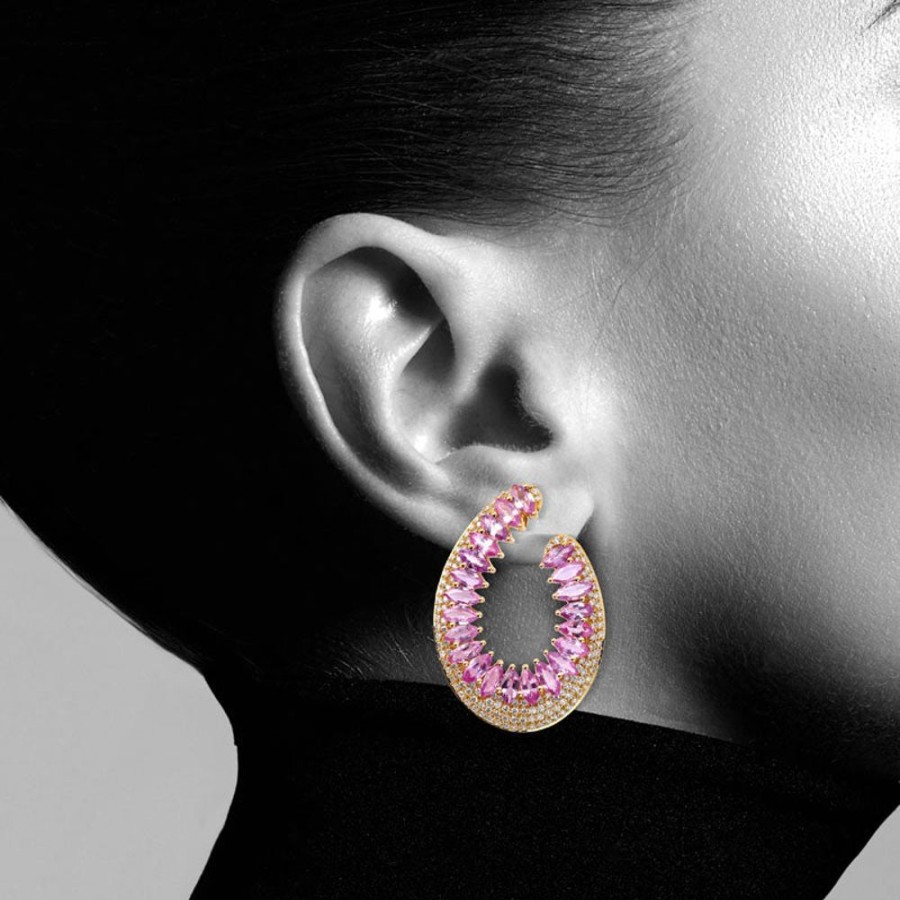 Earring Hueb | 18 Karat Mirage Yellow Gold Earring With Vs-Gh Diamonds And Pink Sapph