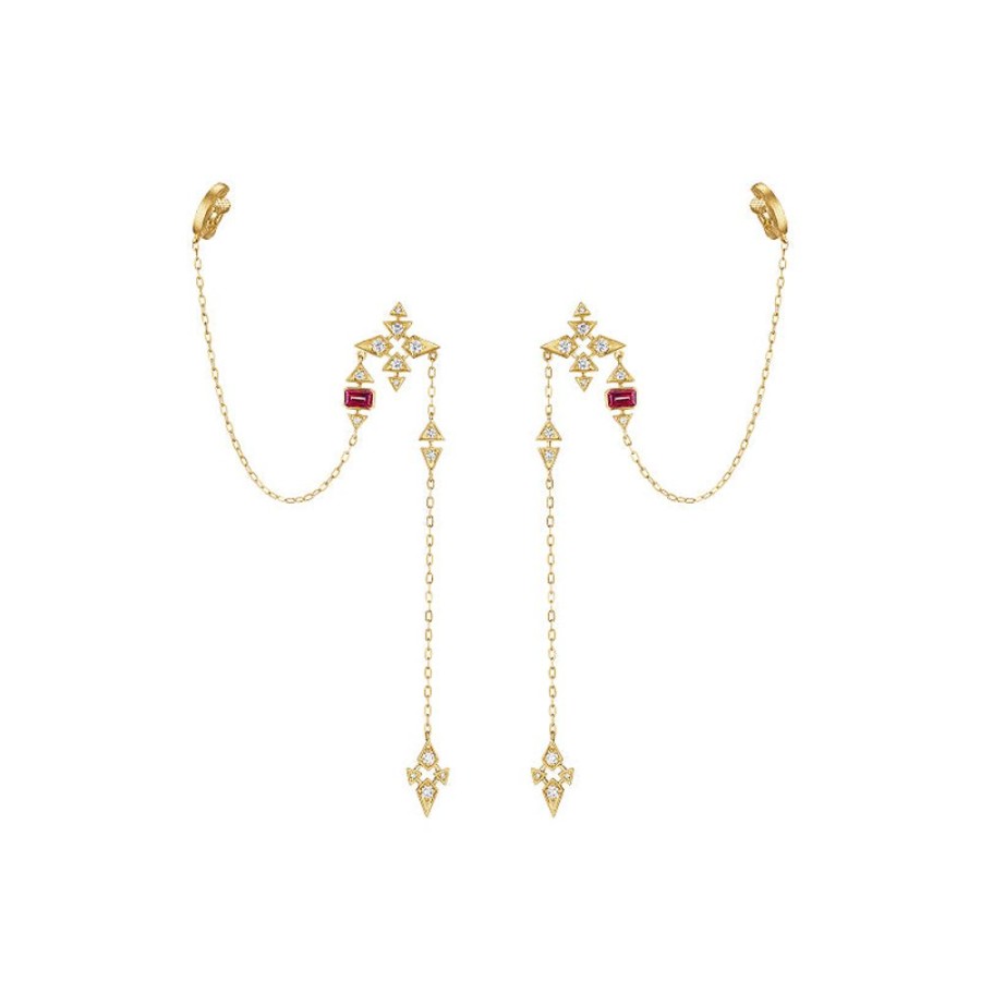 Earring Hueb | 18 Karat Onsa Yellow Gold Earring With Vs-Gh Diamonds And Raspberry Rh