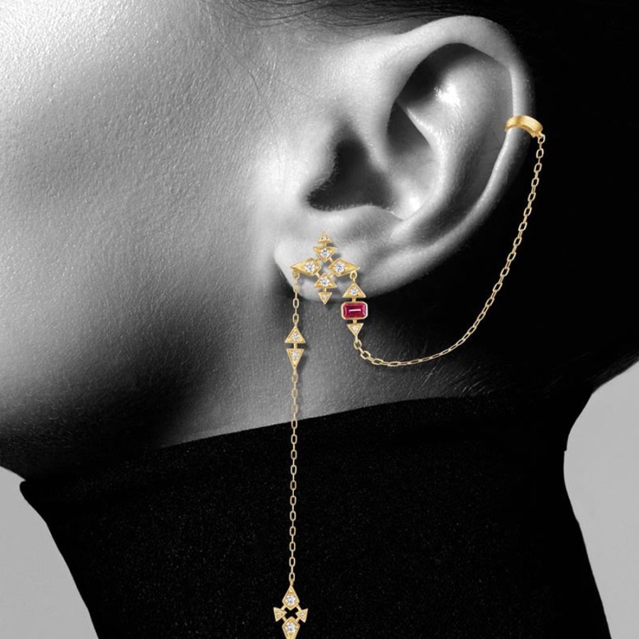 Earring Hueb | 18 Karat Onsa Yellow Gold Earring With Vs-Gh Diamonds And Raspberry Rh